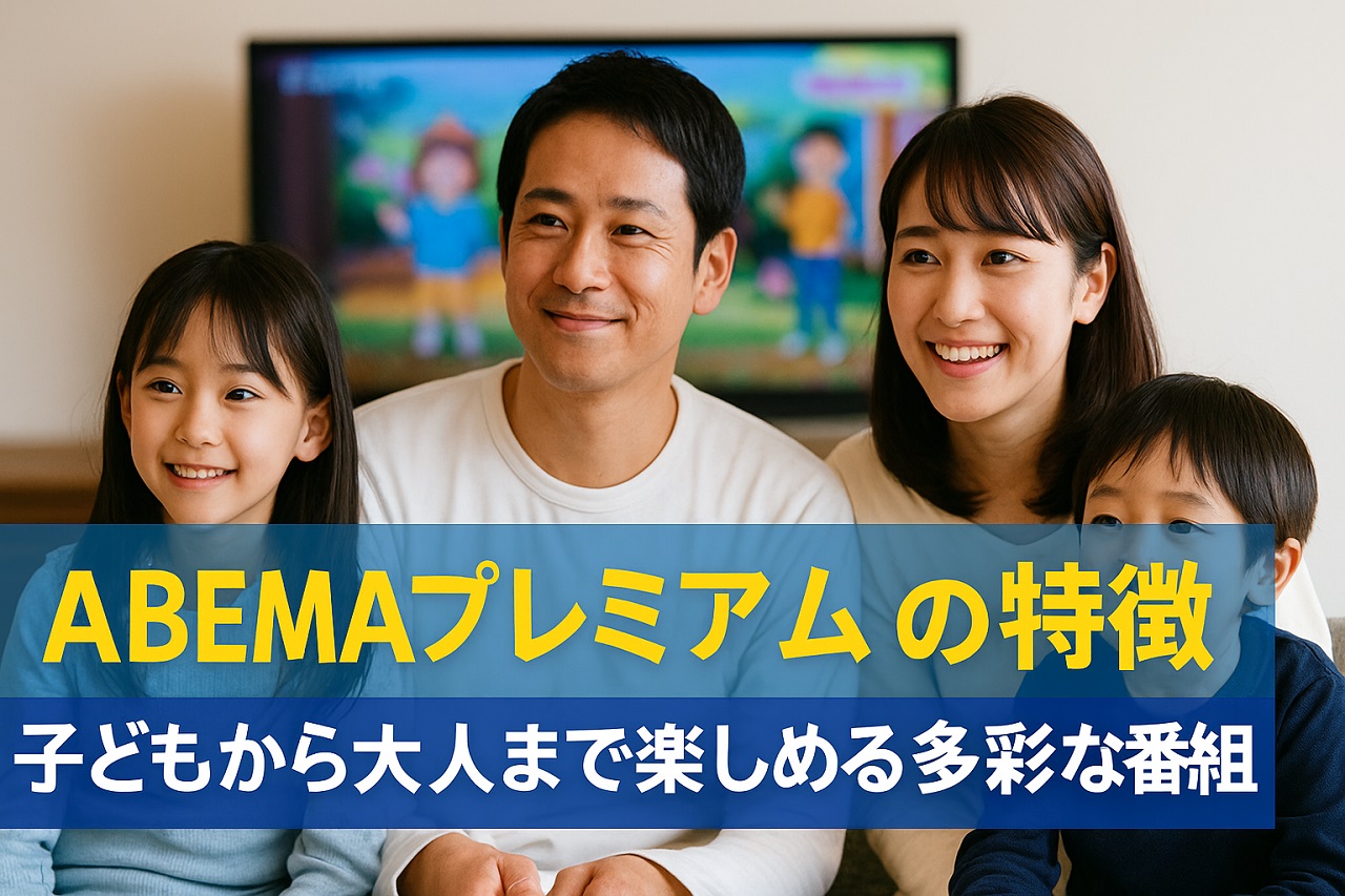 ABEMAプレミアムの多彩な番組を家族で楽しむ様子を描いた画像