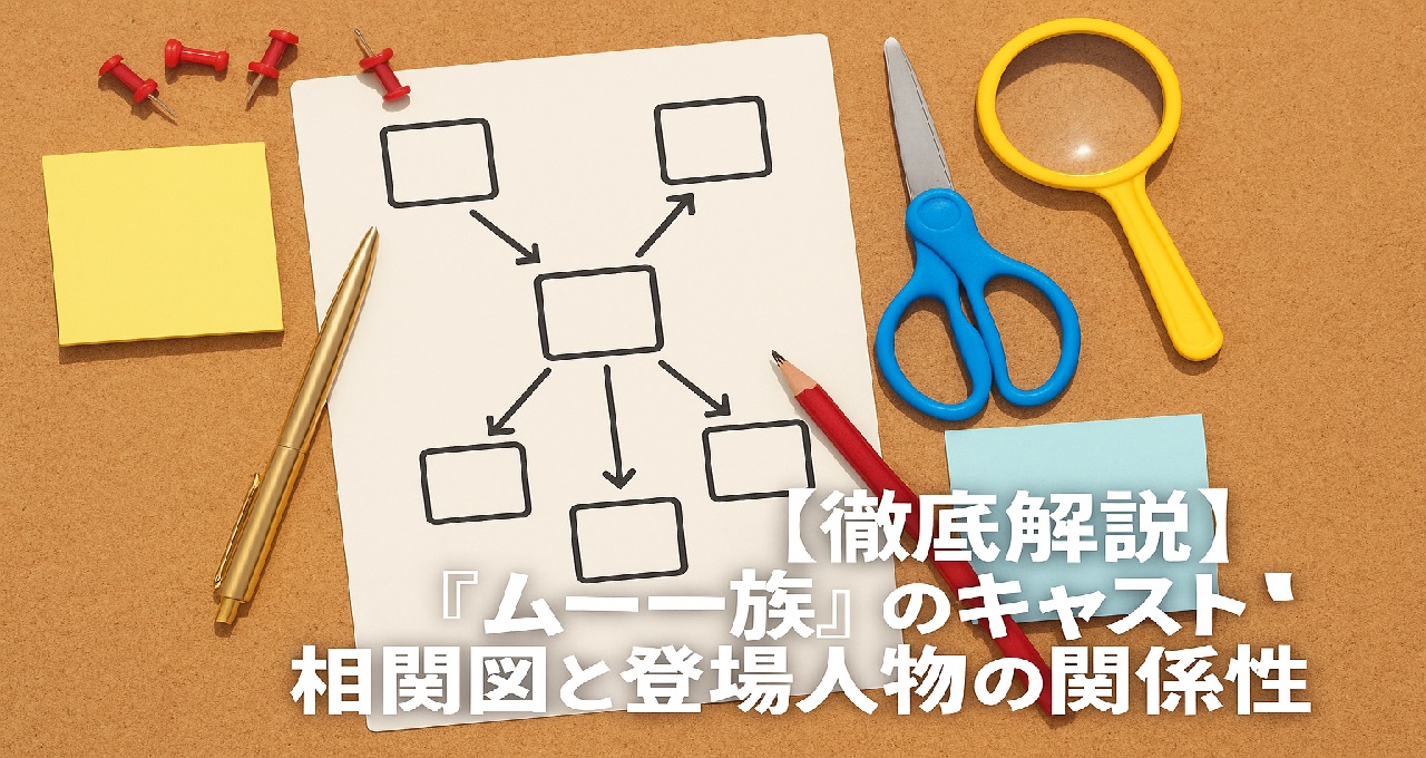 1978〜1979年放送のTBSドラマ『ムー一族』について、築地近くの老舗足袋屋「うさぎ屋」を舞台にした実験的で型破りなホームドラマの世界観や、宇崎家の家族構成（渡辺美佐子・伊東四朗・南美江・郷ひろみ・五十嵐めぐみ・清水健太郎）をはじめ、樹木希林・岸本加世子・伴淳三郎・左とん平・由利徹・細川俊之・たこ八郎らが演じる従業員や近所の人々の人物像と関係性を表や文章で詳しく解説しつつ、『林檎殺人事件』などの挿入歌や生放送・コント・他番組連動といった“寄り道”演出、消防車の放水で店が全壊する衝撃的な最終回の魅力を振り返り、さらにVOD配信がない中で楽天市場で購入できるDVD-BOXや全巻セットなどの視聴・コレクション方法もあわせて紹介する『ムー一族』特集記事のアイキャッチ画像